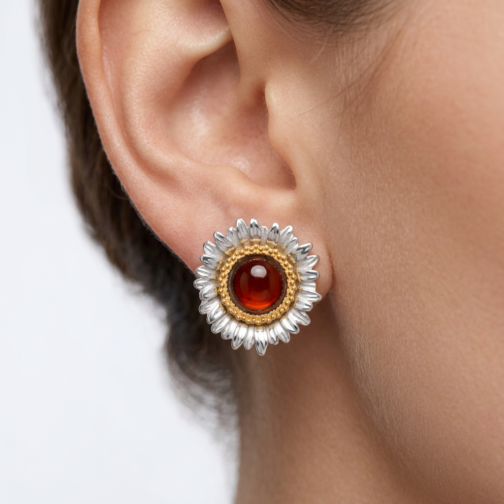 琥珀の花が付いたシルバーのクリップピアス